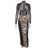 Dress Round Neck See-Through Long Sleeve Contrast Long Dress