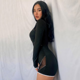Lapel Mesh Panel Zip Long Sleeve Jumpsuit Shorts