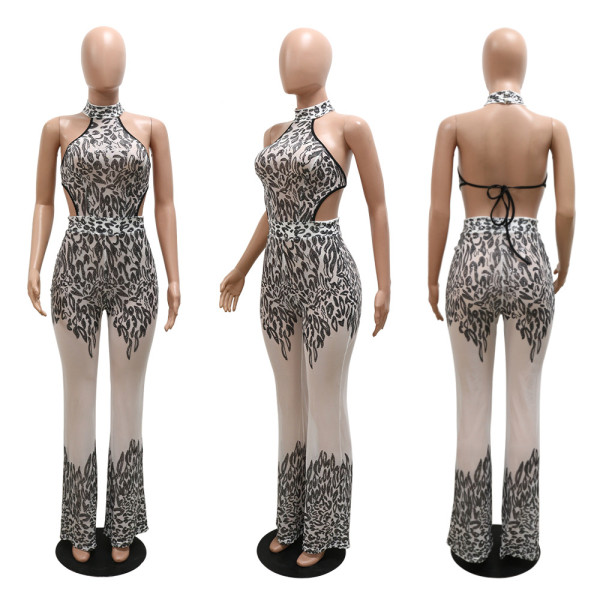Fashionable casual halter neck straps sequins package hip jumpsuit shows waistline thin