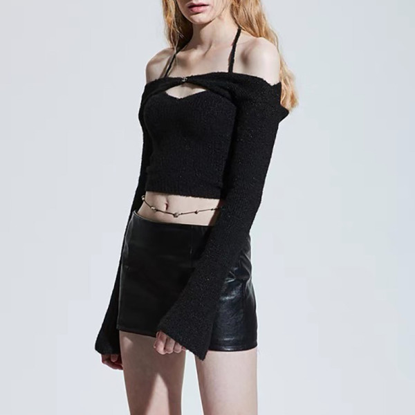 Women's Solid Color T-Shirt Halter Slim Slim Backless Sexy Vest Set