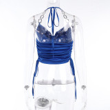 Metal Ring Chain Satin Halter Top Sexy Lace-Up Tank Top Women