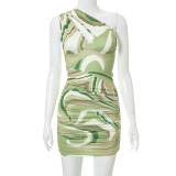 Printed slanted shoulder cutout open back pleated sexy short dress