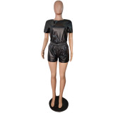 Leather Short Sleeve Suit Fashion Women's Two Piece Set