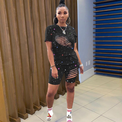 Women's Fashion Print Ripped Sexy Two Piece Suit