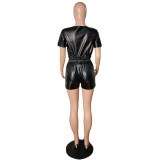 Leather Short Sleeve Suit Fashion Women's Two Piece Set