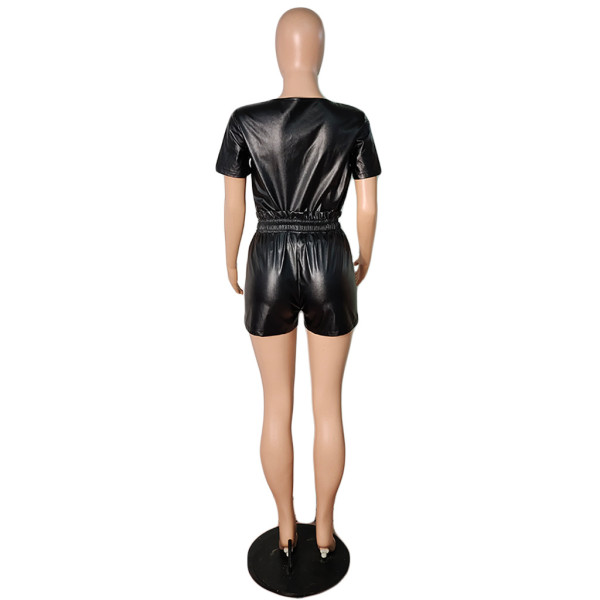 Leather Short Sleeve Suit Fashion Women's Two Piece Set