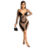 Fashionable and sexy halter neck wrap chest long-sleeved hip-burning flower dress be careful
