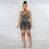 Fashion sexy sling hot drill hand-crank leak back perspective dress without panties