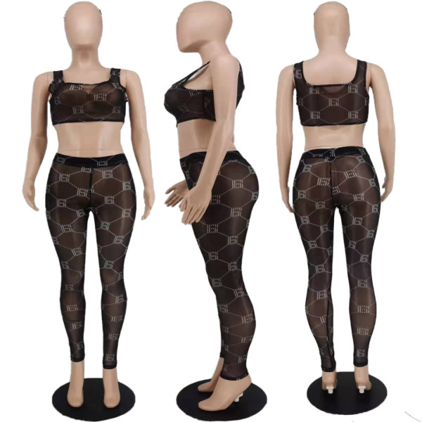 Sexy mesh sheer print stretch vest trousers casual sports suit