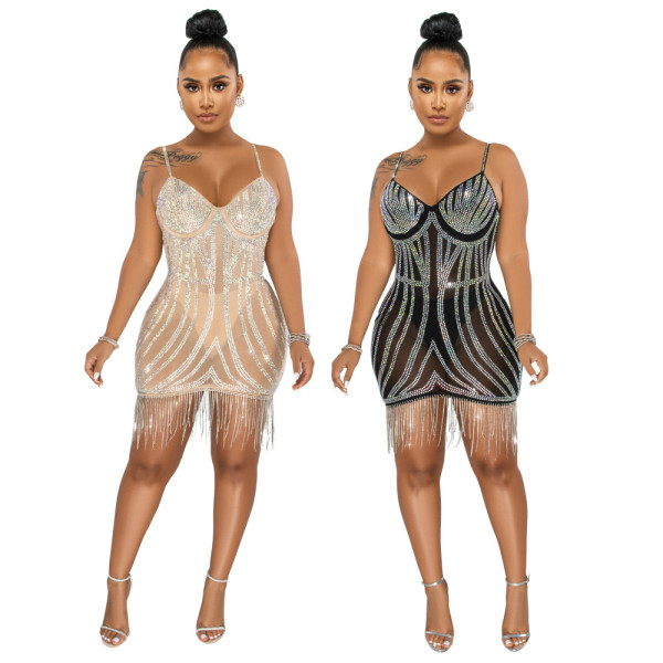 Fashion sexy sling hot drill hand-crank leak back perspective dress without panties