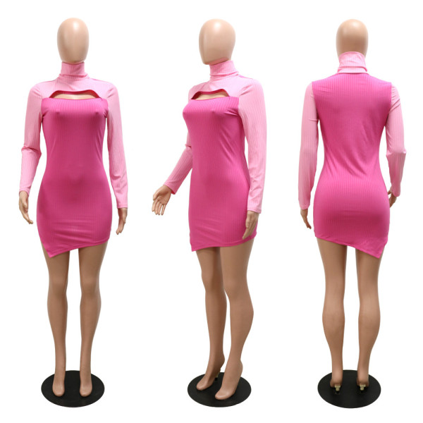 Fashion casual color matching long-sleeved irregular hip dress with careful design