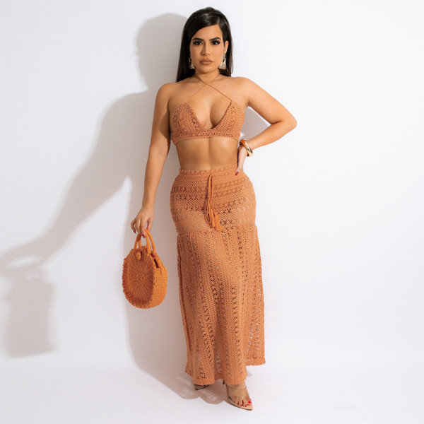 Fashion sexy wrap chest halter neck strap see-through lace dress two-piece set