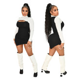 Fashion casual color matching long-sleeved irregular hip dress with careful design