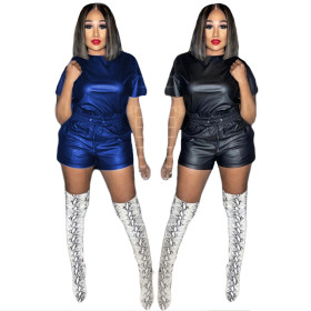 Leather Short Sleeve Suit Fashion Women's Two Piece Set