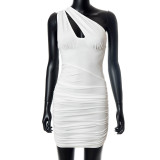 Printed slanted shoulder cutout open back pleated sexy short dress