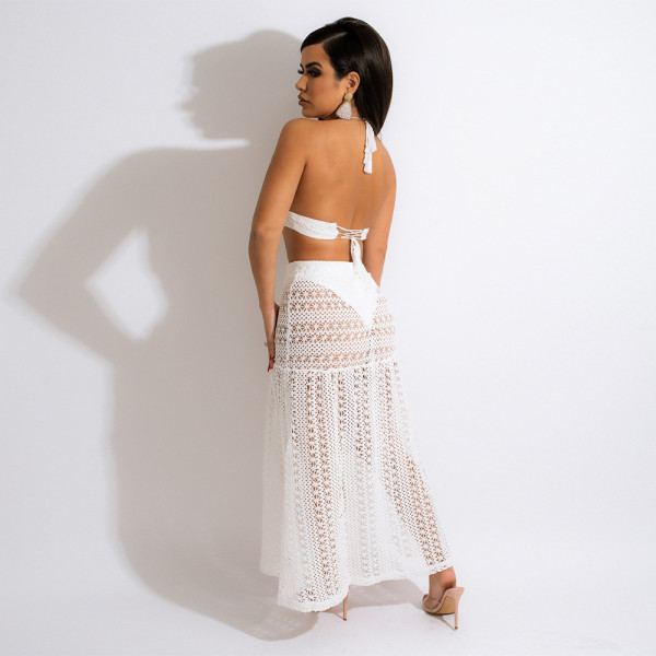 Fashion sexy wrap chest halter neck strap see-through lace dress two-piece set