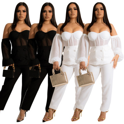 Fashion Ladies Casual Mesh Sheer Pants Two Piece Set