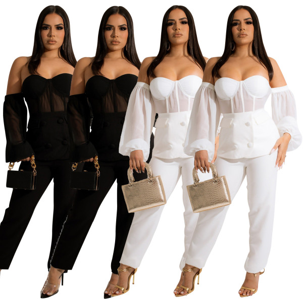 Fashion Ladies Casual Mesh Sheer Pants Two Piece Set