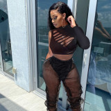 Two-piece set of hollow-out burning sexy top and see-through trousers