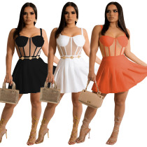Fashion Women's Mesh Perspective Sexy Sling Dress Pleated Skirt