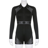 Lapel Mesh Panel Zip Long Sleeve Jumpsuit Shorts