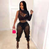 Two-piece set of hollow-out burning sexy top and see-through trousers