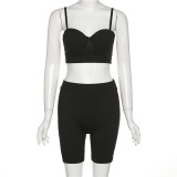 Women's sexy suspenders low-cut vest tight-fitting hip yoga shorts two-piece set