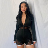 Lapel Mesh Panel Zip Long Sleeve Jumpsuit Shorts