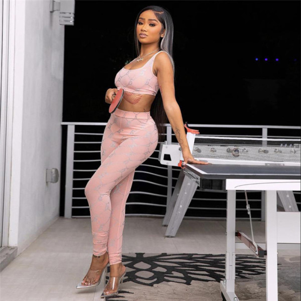 Sexy mesh sheer print stretch vest trousers casual sports suit