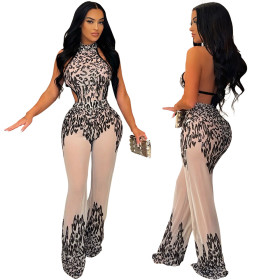 Fashionable casual halter neck straps sequins package hip jumpsuit shows waistline thin
