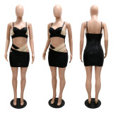 Fashion Sexy Sling Wrapped Chest Colorblock Hollow Hip Sequin Dress