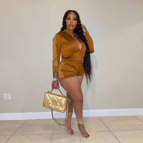 Fashion casual color matching wild solid color zipper suit long top + shorts