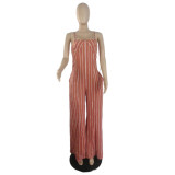 Sexy Striped Backless Sling Wide-Leg Jumpsuit