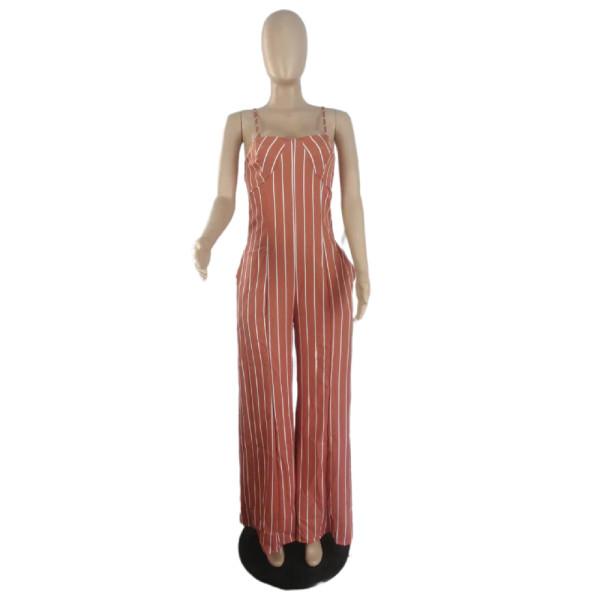 Sexy Striped Backless Sling Wide-Leg Jumpsuit