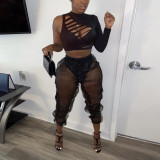 Two-piece set of hollow-out burning sexy top and see-through trousers