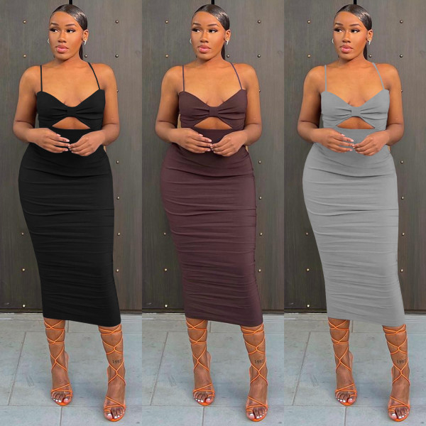 Women's fashion suspender type temperament sexy commuter solid color dress