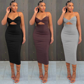 Women's fashion suspender type temperament sexy commuter solid color dress