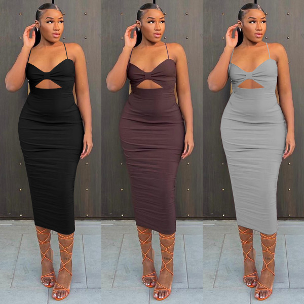 Women's fashion suspender type temperament sexy commuter solid color dress