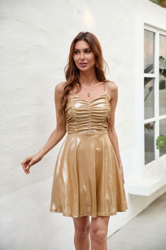 Nightclub sexy pleated bronzing suspender dress short skirt