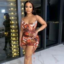 Smocked Lace Up Print Dress Women's