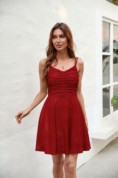 Nightclub sexy pleated bronzing suspender dress short skirt