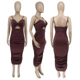 Women's fashion suspender type temperament sexy commuter solid color dress