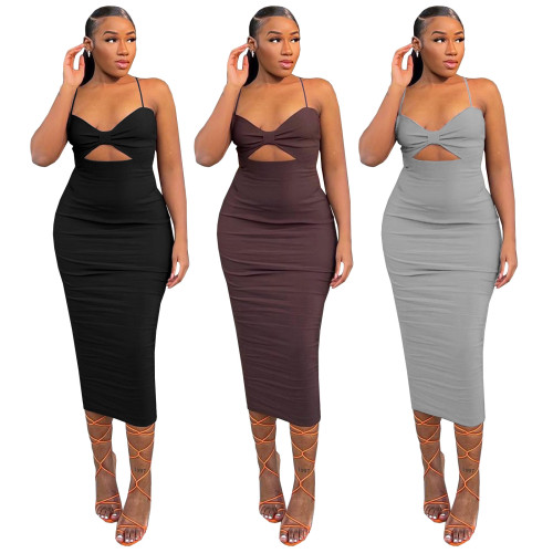 Women's fashion suspender type temperament sexy commuter solid color dress