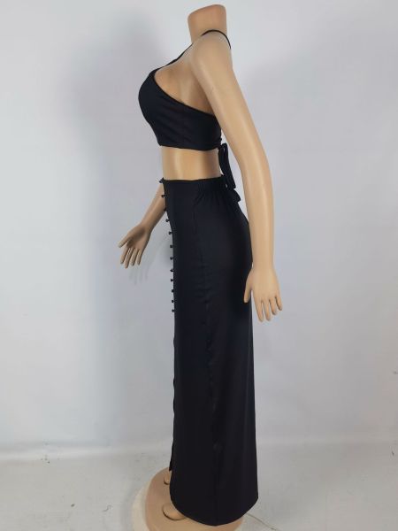 Knitted top and long skirt with slits and buttons sexy two-piece set