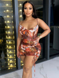 Smocked Lace Up Print Dress Women's