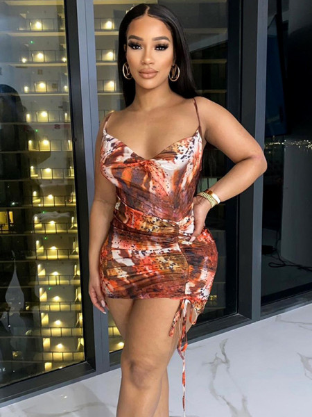 Smocked Lace Up Print Dress Women's