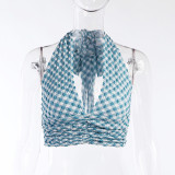 Sexy V-neck strappy halter top plaid show chest vest women