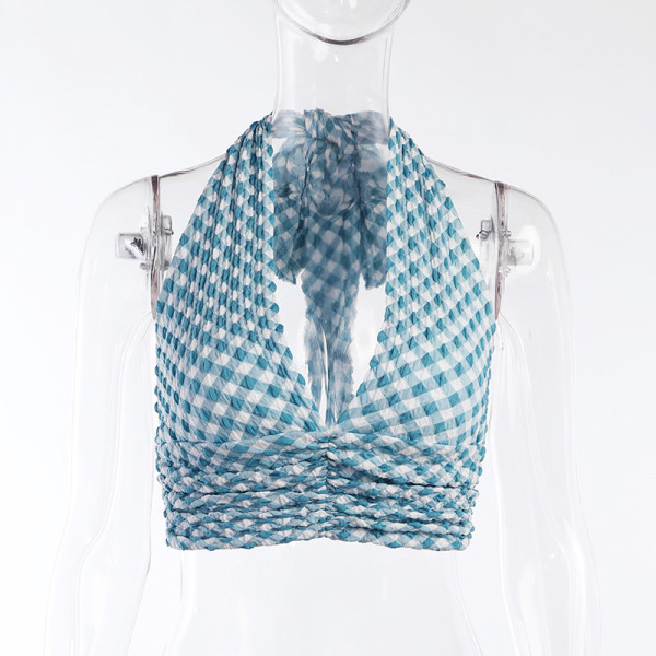 Sexy V-neck strappy halter top plaid show chest vest women