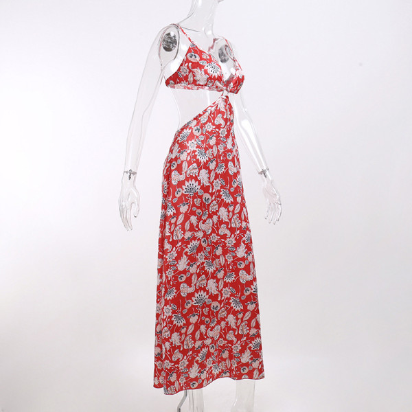 Floral Print Sling Hollow Holiday Beach Seaside Dress Spring Summer Sexy Long Dress