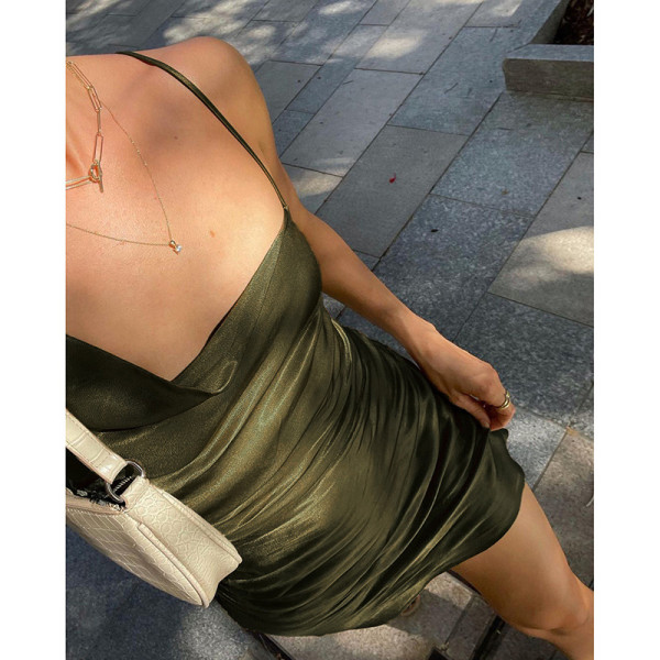 Asymmetric Satin Pocket Collar Open Back Lace-Up Dress Suspender